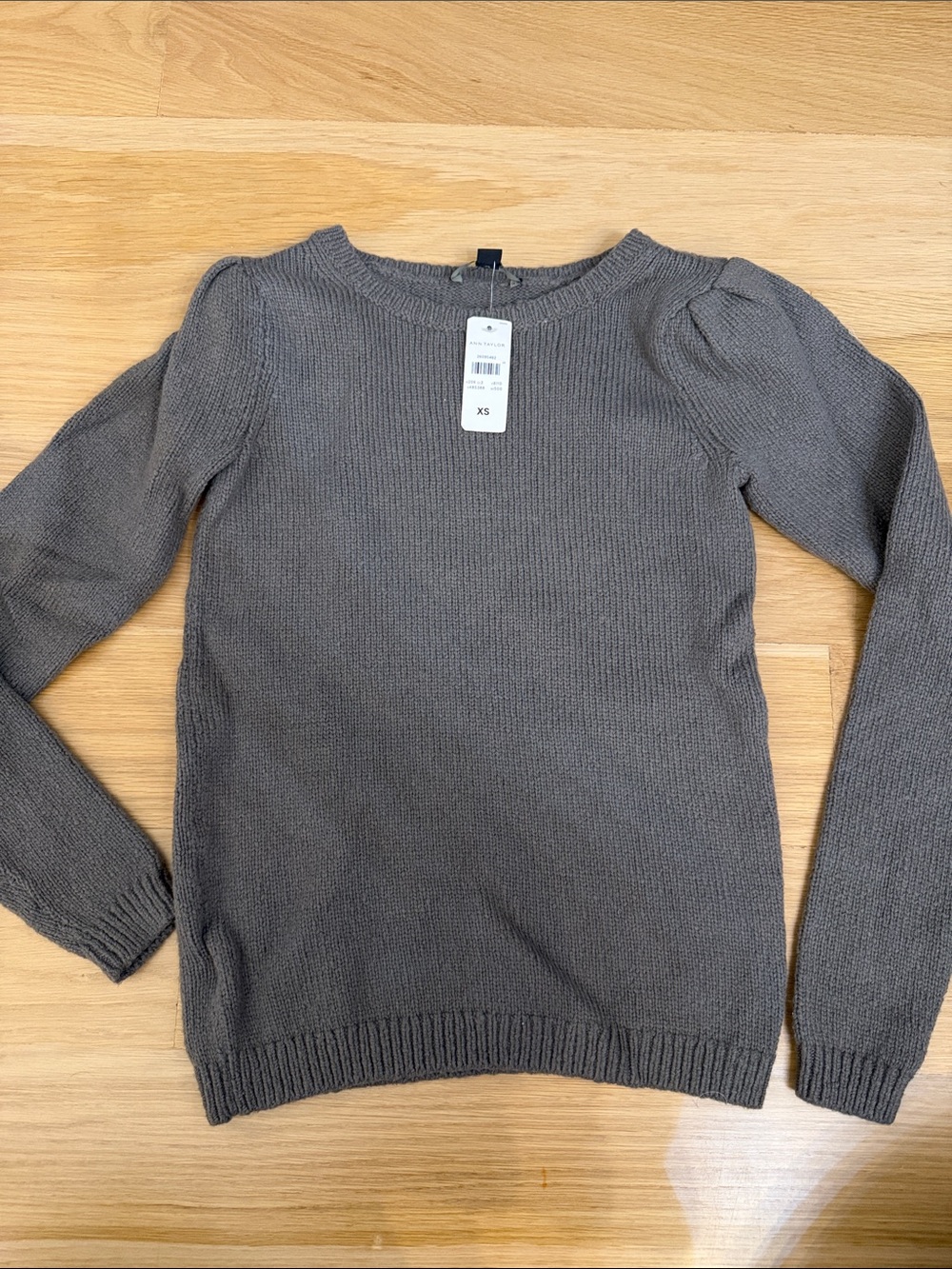 Ann Taylor Taupe gray Crewneck Sweater with Puff Shoulders